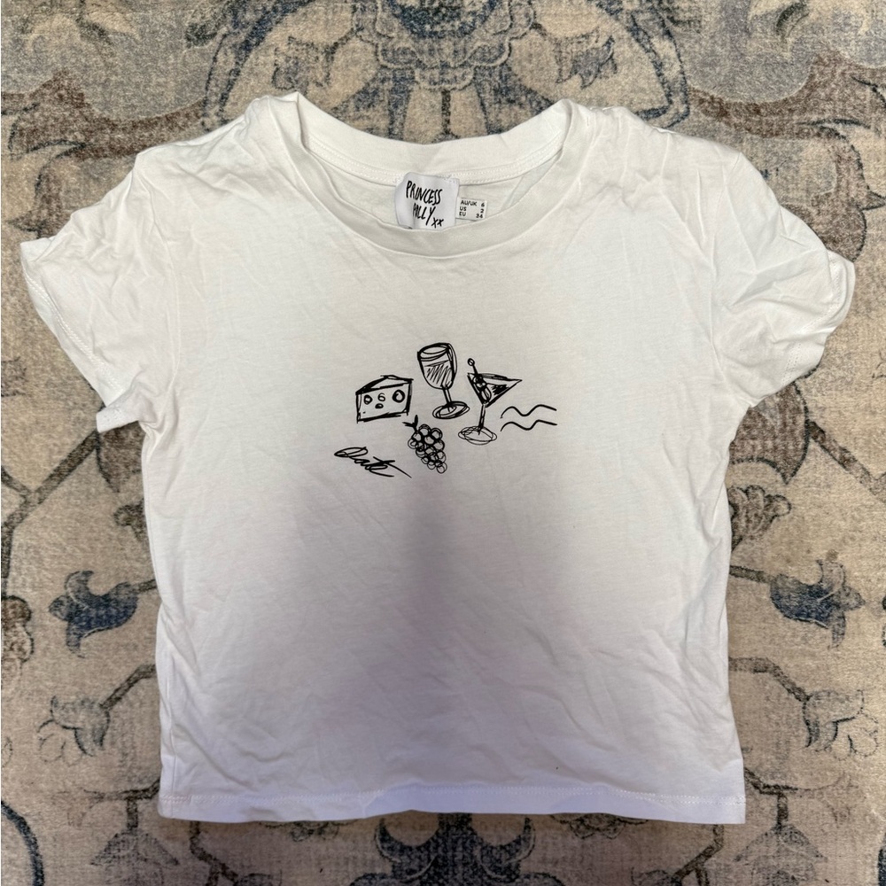Princess Polly White Graphic Crop Tee with Wine & Cheese Sketch